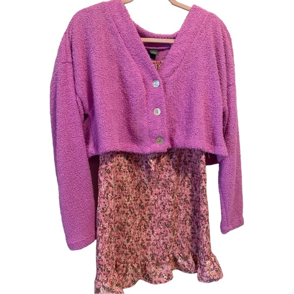 🍄 Smocked Cut-Out Dress NWT Madden NYC Junior Large Short Puffy Sleeves Floral - Picture 2 of 11